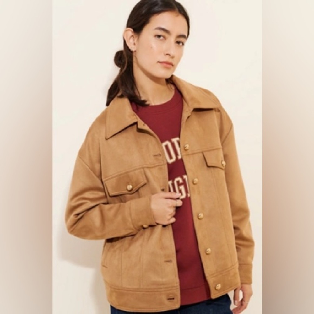 Maeve Vegan Suede Trucker Jacket Camel‎ Anthropologie Coastal Cowgirl Minimalist
